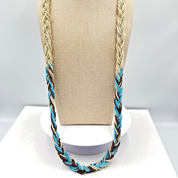The Unbranded Brand Jewelry - Vintage Multi-Strand Braided Seed Bead Necklace Cream Blue Brown Boho Retro
